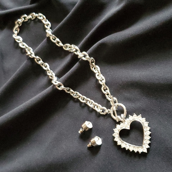 Crystal Heart Necklace & Stud Earrings Set - Silvertone - Picture 2 of 7